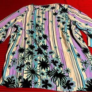 Pre-Owned Lavender Bob Mackie Wearable Art Floral & Striped Scoop Neck Tunic Top